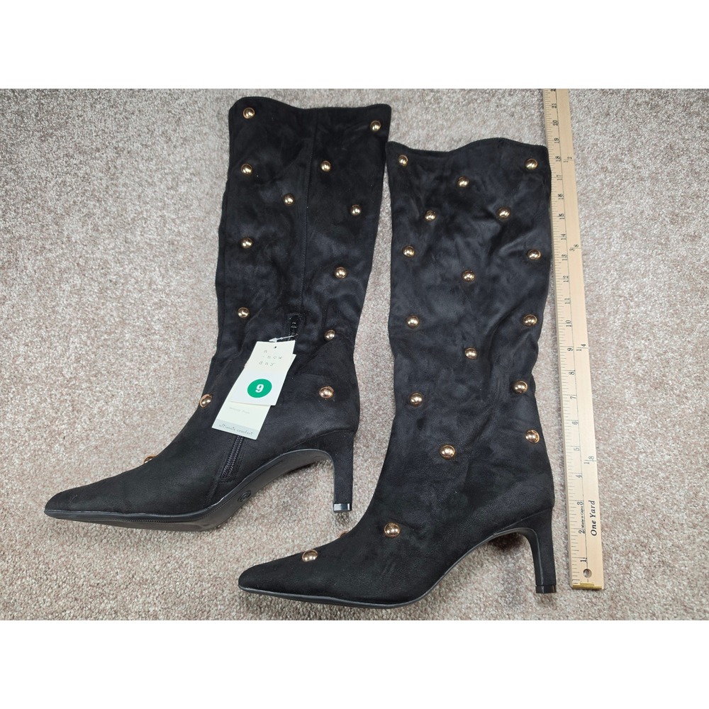 A New Day Womens Jet Black Justice Studded Tall Boots Size 9 Pointed Toe Heel
